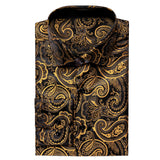 Hi-Tie Silk Men's Shirts Black Gold Long Sleeve Slim Fit Paisley Lapel Brooch Shirt Wedding Party Gift Designer MartLion   