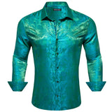 Designer Shirts Men's Embroidered Silk Paisley Blue Green Black White Gold Slim Fit Blouses Long Sleeve Tops Barry Wang MartLion   