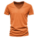 Cotton Men's T-shirt V-neck Design Slim Fit Soild Tops Tees Short Sleeve MartLion F037-V-Turmeric Size XL 72-80kg 