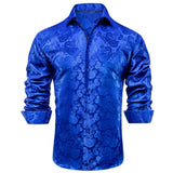 Hi-Tie Navy Royal Sky Blue Silk Men's Shirts Lapel Collar Long Sleeve Dress Shirt Jacquard Blouse Wedding MartLion   