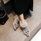 Women Rabbit Fur Snow Boots Autumn Winter Ladies Metal Pointed Toe Shoes Plush  Ankle Med Heels MartLion   
