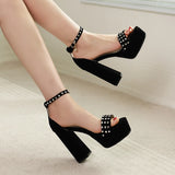 Summer Blue Black Women Platform Sandals Square Toe High Heels Lady Causal Shoes MartLion Black 13.5 