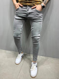 Street Style Ripped Skinny Jeans Men Vintage wash Solid Denim Trouser MartLion H011A Grey XXL 