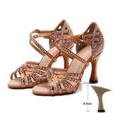 Latin Dance Shoes Women High Heels Diamond-encrusted Sandals Indoor Soft-soled Stage Game Party Social Ballroom Girl MartLion Brown 8.5cm heel 35 