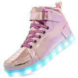 Brand Kids High-tops Lights Up Shoes USB Charger Basket LED Children Trendy Kids Luminous Sneakers Sports Tennis MartLion Pink 25 