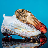 Men's Women Professional Football Boots Long Spikes Match Sport Training Non-Slip Ultralight MartLion 2077 White Gold 35 