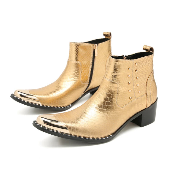  Cowboy Dress Boots Men's Steel Pointed Toe Gold Snake Skin High Heels Rivets Shoes Motorcycle Chelsea MartLion - Mart Lion