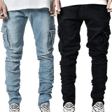 Jeans Men Pants Wash Solid Color Multi Pockets Denim Mid Waist Cargo Jeans MartLion   