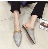 Pointed flat bottomed sandals for women wearing summer rhinestone wrapped lazy half slippers MartLion   