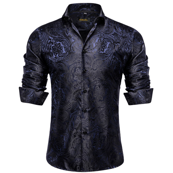 camisa masculina Black Men's Long Sleeves Floral Shirt with Collar Pin Turn-Down Collar Slim Blouse Party Four Season MartLion   