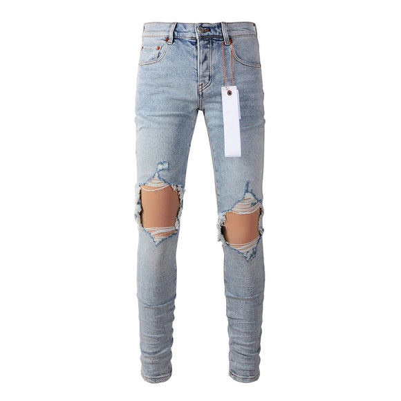 Summer's Men's Classic Blue Streetwear Distressed Skinny Button Fly Destroyed Holes Ripped Jeans Pants MartLion 9010 40 CHINA