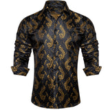 Luxury Blue Black Paisley Silk Shirts Men's Long Sleeve Wedding Party Prom Tuxedo Dress Casual Designer Clothing MartLion   