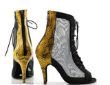 Women's Latin Dance Shoes Belly Dance Boots, Professional Ballroom Yellow Snake Print PU and Black Velvet Black Mesh MartLion   