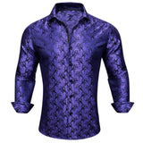 Elegant Men's Shirts Silk Long Sleeve Blue Flower Slim Fit Casual Lapel Tops Breathable Single Breasted Barry Wang MartLion   