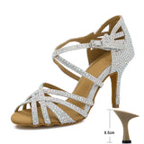 Latin Dance Shoes Women High Heels Diamond-encrusted Sandals Indoor Soft-soled Stage Game Party Social Ballroom Girl MartLion Silver 8.5cm heel 35 