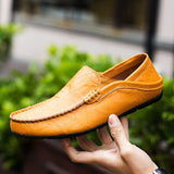Genuine Leather Men's Casual Shoes Luxury Brand Loafers Moccasins Light Breathable Slip on Boat Zapatos Hombre Mart Lion Yellow brown 37 