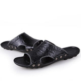 Men's Slippers Summer Genuine Leather Casual Slides Street Beach Shoes Black Cow Leather Sandals Mart Lion Black 36 