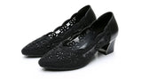 Hollow Out Genuine Leather Pumps Women Shoes Med Heels Square Diamond Mesh Ladies Office  Crystal MartLion   