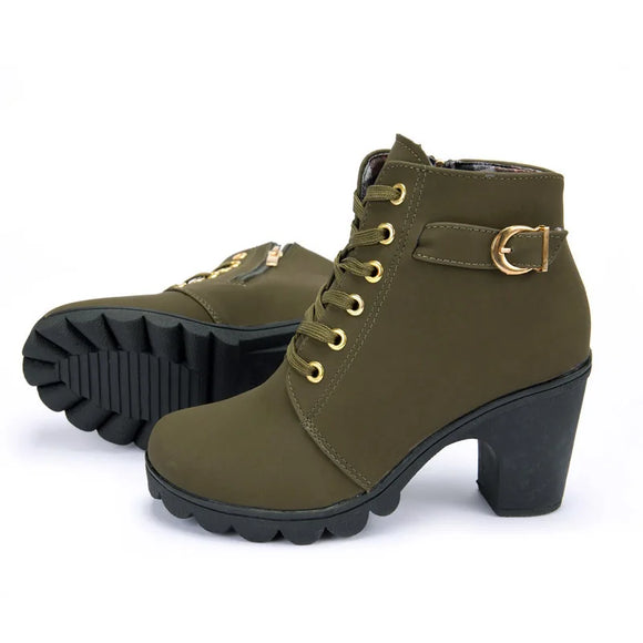 Spring Winter Women Pumps Boots Lace-up European Ladies Shoes PU High Heels MartLion green 35 