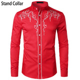 Stylish Western Cowboy Shirt Men's Brand Design Embroidery Slim Fit Casual Long Sleeve Wedding Party Mart Lion Red US Size S 