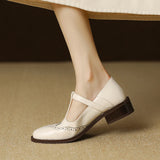 Spring Genuine Leather Women Pumps Shoes Round Toe Chunky Heel Retro Mary Janes Block Leather Shoes Shallow MartLion   