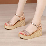 Rhinestone Platform Sandals Women Shoes Summer Elegant Office High Heels Wedges Gold MartLion   