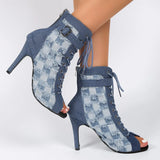 Rubber Sole Latin Dance Boots Modern Shoes Dance High-heeled 9cm Sandals Lace-up Hollow Belt Buckle Square Denim MartLion Blue 41 