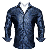 Luxury Blue Shirts Men's Solid Satin Embroidered Paisley Flower Long Sleeve Slim Fit Blouses Casual Lapel Tops Barry Wang MartLion   