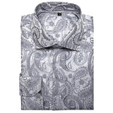 Paisley Floral Men's Shirt Silver White Casual Long Sleeve Social Collar Shirts Brand Button Blouses MartLion   