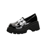 British Style Women's Rhinestone Lofers Female Slip-on Flats Platform Shoes Shallow Mouth Loafers Thick Soled Mart Lion Black 33 