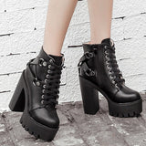 Black Boots Women Heel Spring Autumn Lace-up Soft Leather Platform Shoes Party Ankle High Heels Punk Mart Lion   