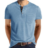 Summer Henley Collar T-Shirts Men's Short Sleeve Casual Tops Tee Solid Cotton Mart Lion light blue S 60-70kg 