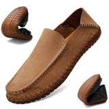 Genuine Leather Men's Loafers Cow Leather Casual Shoes Soft Moccasins Hand Sewn Driving Shoes Mart Lion Light brown 47 
