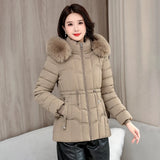 Down winter Jacket Women Parkas  Warm Cotton Padded Coat Ladies Short Overcoat Hooded MartLion Khaki XL 