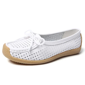 Women Shoes Moccasins Flats Loafers Genuine Leather Slip on Ballet Bowtie MartLion punch tape 35 insole 22.5cm 