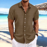 Cross-border men's linen striped jacquard casual loose short-sleeved shirt MartLion brown S 