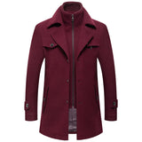 Winter Men's Slim Fit Wool Trench Coats Middle Long Outerwear Double Collar Zipper Solid Color Casusal Woolen Coats MartLion Wine Rred L 