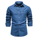 Cotton Men's Denim Shirt Solid Color Single Pocket Casual Long Sleeve Shirt MartLion MiddleBlue S 