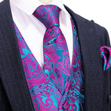 Rose Red Men's Wedding Suit Vest Blue Floral Jacquard Folral Silk Waistcoat Vests Handkerchief Tie Vest Suit Set Barry Wang Design Mart Lion   