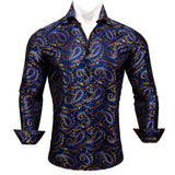 Luxury Shirts Men's Long Sleeve Silk Gold Blue White Black Red Green Purple Silver Paisley Embroidered Casual Blouses Lapel MartLion 0461 S 
