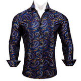 Luxury Shirts Men's Long Sleeve Silk Gold Blue White Black Red Green Purple Silver Paisley Embroidered Casual Blouses Lapel MartLion