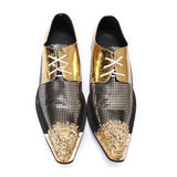 Men's Leather Shoes Metal Pointed Toe Shining Gold Slip-Ons for Party Dress Show with Block Heel MartLion   