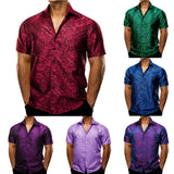 Barry Wang Men's Shirts Short Sleeve Silk Embroidered Red Green Blue Purple Gold Paisley Slim Fit Casual Blouses Lapel Tops MartLion   