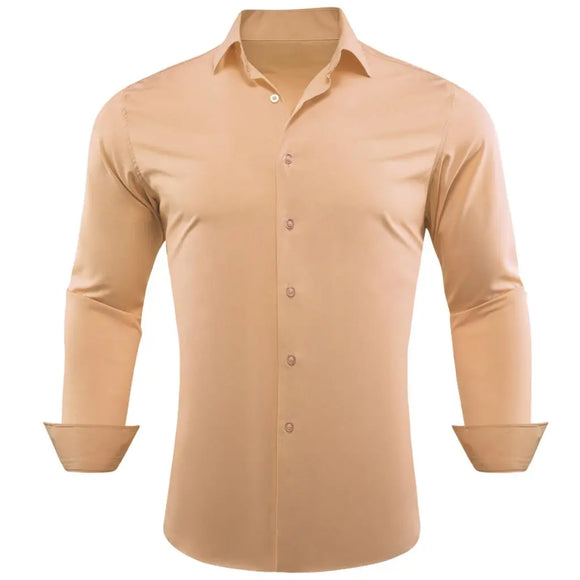 Designer Shirts Men's Solid Silk Beige Champagne Long Sleeve Tops Regular Slim Fit Blouses Breathable Barry Wang MartLion   