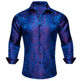 Luxury Blue Shirts Men's Silk Embroidered Paisley Flower Long Sleeve Slim FIT Blouses Casual Tops Lapel Cloth Barry Wang MartLion 0455 S 