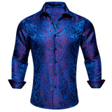 Elegant Men's Shirts Silk Long Sleeve Blue Flower Slim Fit Casual Lapel Tops Breathable Single Breasted Barry Wang MartLion