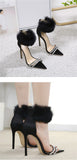 Liyke Black Fluffy Feather Sandals Women Crystal Pointed Open Toe Banquet High Heels Shoes Mart Lion   