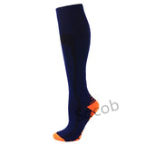 Compression Socks Solid Color Men's Women Running Socks Varicose Vein Knee High Leg Support Stretch Pressure Circulation Stocking Mart Lion 02-Navy Orange S-M 