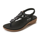 Summer Retro Sandals Women Rhinestone Beads Resort Beach Beach Wedge Shoes MartLion Black 40 