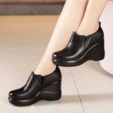 Genuine Leather Women Shoes  Spring Autumn Slip-On High Heels Round Toe Casual Slope Heel Ladies Platform MartLion   